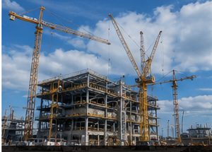 Construction site with tower cranes