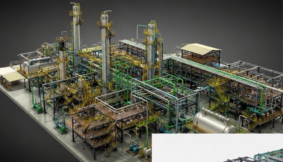 Detailed 3D plant model showing piping, structural steel and equipment